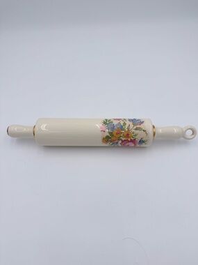 Vintage Harker Pettipoint Floral Porcelain Rolling Pin 15" Cork & Loop Ends